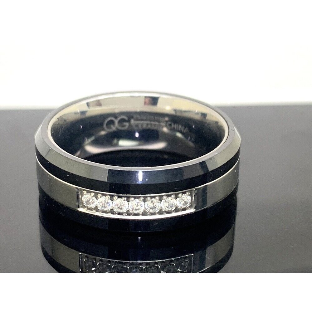 Wedding Band Stainless Steel Ceramic Cubic Zirconia 8mm Unisex Ring Size 9